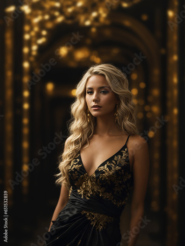 Beautiful blonde in a black dress with golden patterns