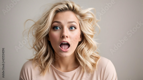 a beautiful blonde woman expressing surprise and shock emotion with her mouth open and big wide open eyes. isolated on white background