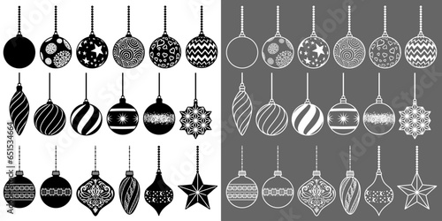 Ensemble de pictogrammes de boules de Noël aux formes et motifs diverses et variés - une série noire et une série aux contours blancs.