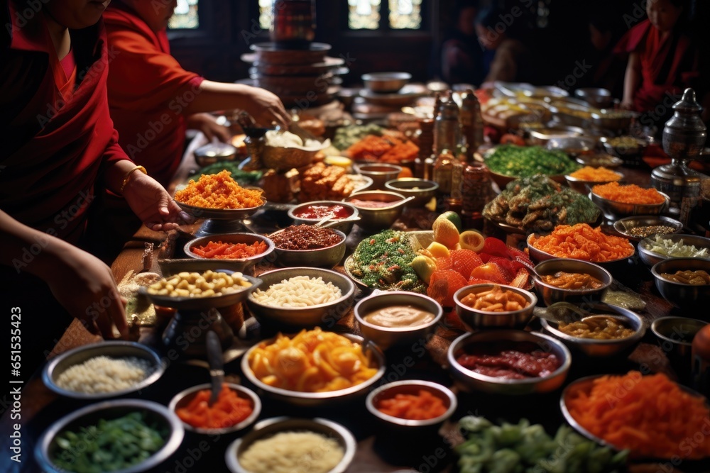 At a Buddhist temple, worshippers offer food as an act of reverence. The arrangement of fruits, flowers, and dishes