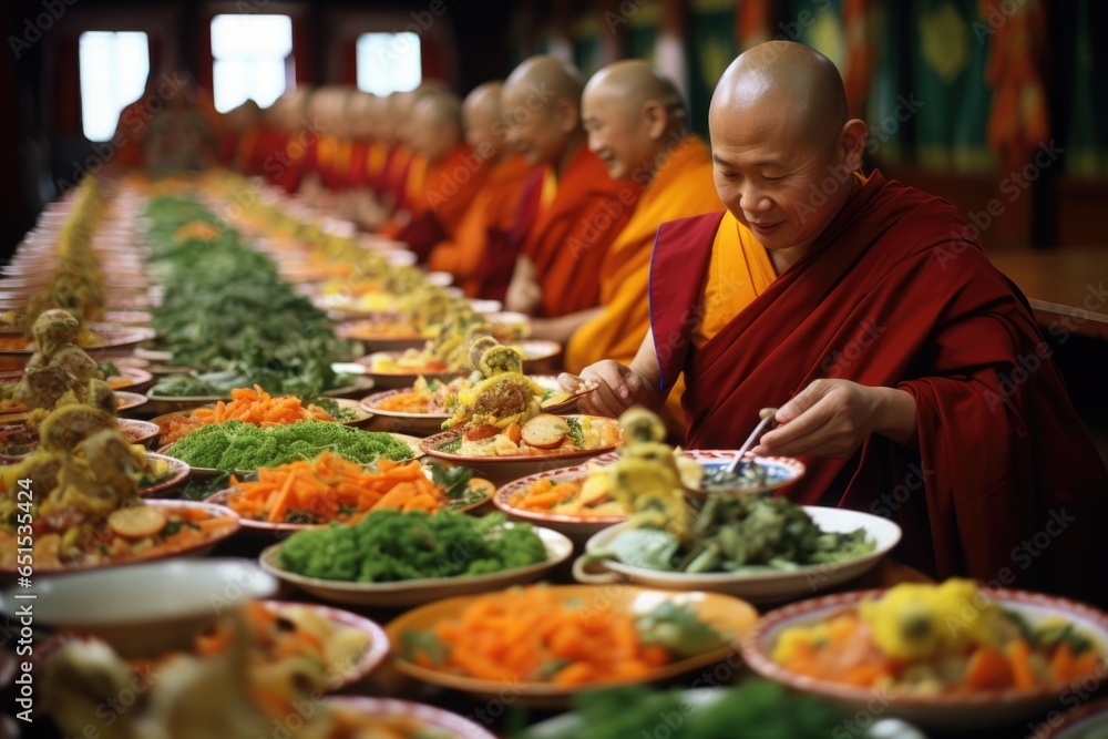 At a Buddhist temple, worshippers offer food as an act of reverence. The arrangement of fruits, flowers, and dishes is a tangible representation - obrazy, fototapety, plakaty 
