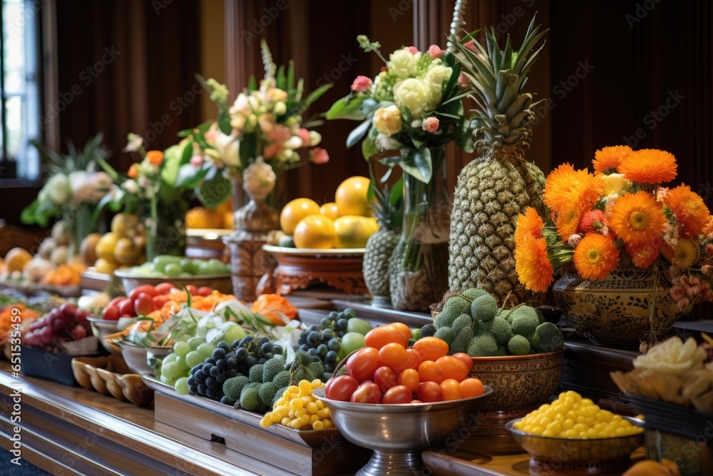 At a Buddhist temple, worshippers offer food as an act of reverence. The arrangement of fruits, flowers, and dishes       