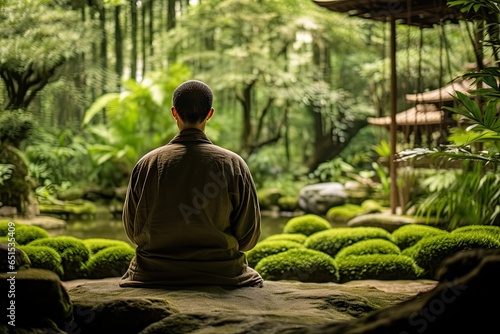In a serene garden  a Buddhist practitioner sits in meditation  finding inner peace amidst the tranquility.