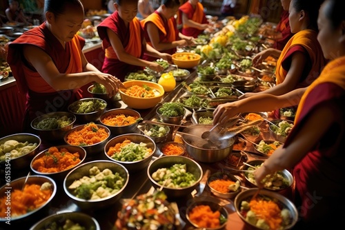 At a Buddhist temple, worshippers offer food as an act of reverence. The arrangement of fruits, flowers, and dishes is a tangible 