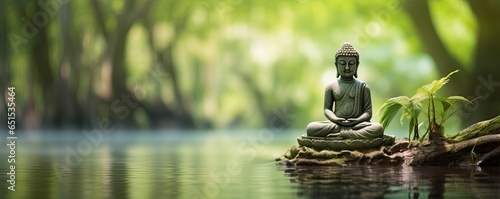Buddha statue on the shore of a lake in bamboo forest.