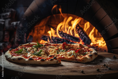 rustic wood-fired pizza oven in action, with flames dancing around the pizza as it bakes to perfection, emphasizing the authenticity and flavor of pizzaiola cooking photo