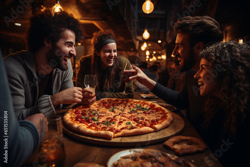 photo of people joyfully savoring a slice of freshly made pizzaiola pizza, capturing the delight on their faces as they enjoy the delicious flavors and aromas of this Italian class © forenna