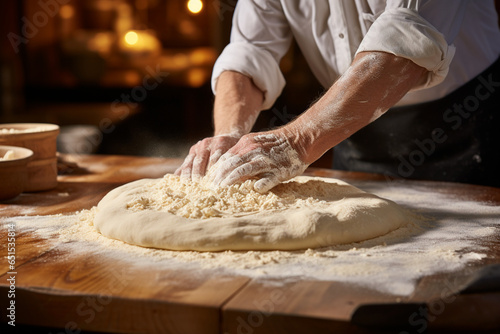 pizzaiolo expertly stretching the pizza dough by hand, showcasing the traditional techniques and craftsmanship involved in creating the perfect pizza base
