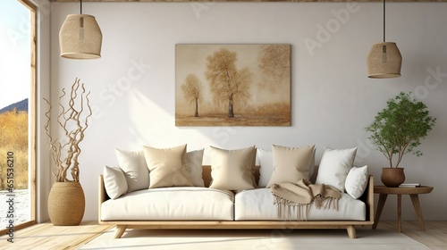 Rustic interior design of modern living room with beige fabric sofa and cushions.