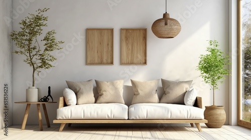 Rustic interior design of modern living room with beige fabric sofa and cushions.