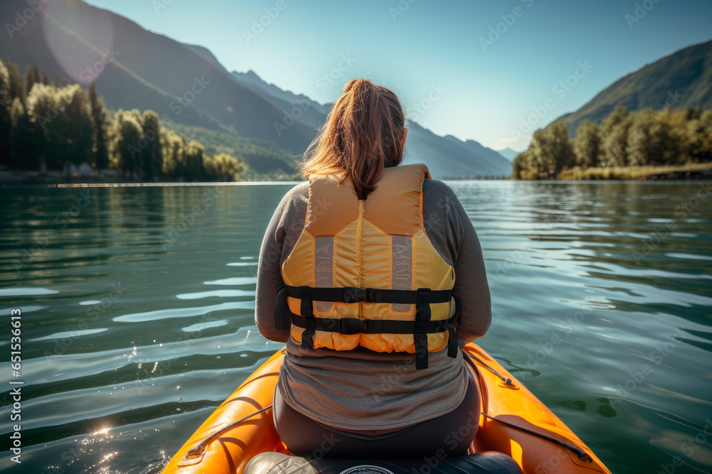 Back view of a super morbidly obese woman in life jacket at inflatable boat