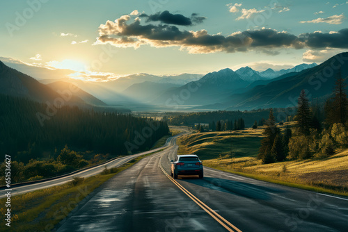 Beautiful landscape with car on the road in hills, green meadows, golden sunset in mountains © graja