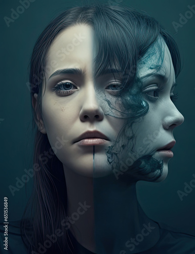 Illustration of a split personality, portrait of a girl looking forward and sideways at the same time. Dark colors, psychological problems.