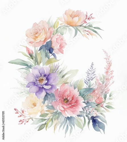 Cute floral watercolor illustration isolated on white background. Frame of different flowers in the shape of a crescent, beautiful card.