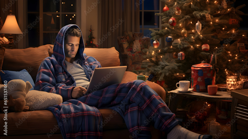 Obraz premium Man enjoying online Christmas sale while sitting on his sofa