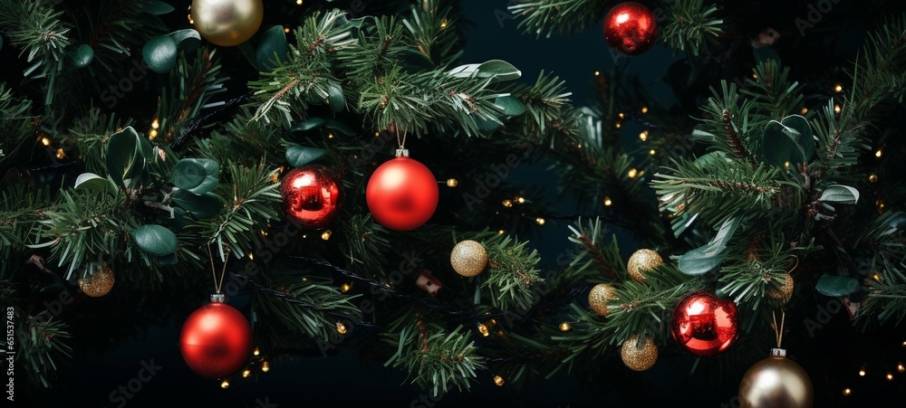 Close Up Realistic Christmas Tree with Abundant Decorations. Festive Holiday Charm
