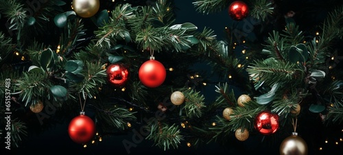 Close Up Realistic Christmas Tree with Abundant Decorations. Festive Holiday Charm 