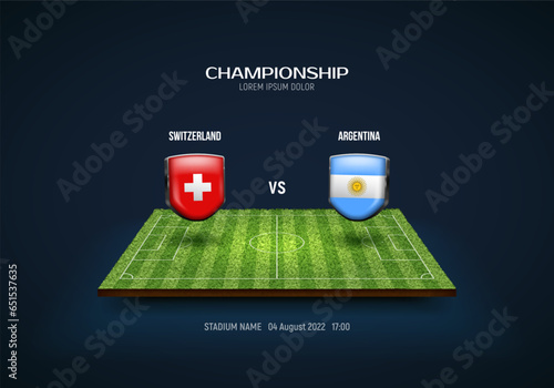 Logos soccer teams on green field background. Vector template for your design.