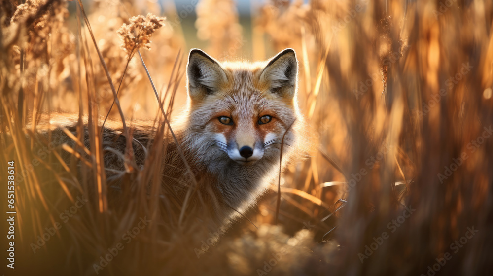 Obraz premium red fox in the wild searching for prey, warm colors during autumn
