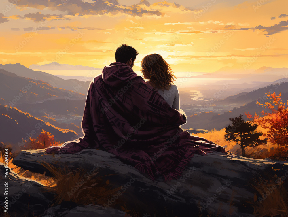 A Surreal Illustration of a Couple Draped in Blankets, Enjoying a Chilly Autumn Sunrise A Surreal Illustration of a Couple Draped in Blankets, Enjoying a Chilly Autumn Sunrise