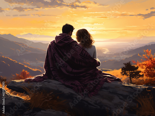 A Surreal Illustration of a Couple Draped in Blankets, Enjoying a Chilly Autumn Sunrise