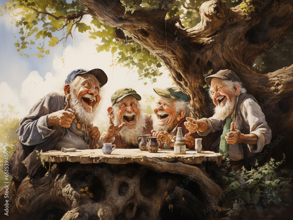 A Surreal Illustration of a Group of Elderly Friends Reminiscing and Laughing Under an Old Oak Tree