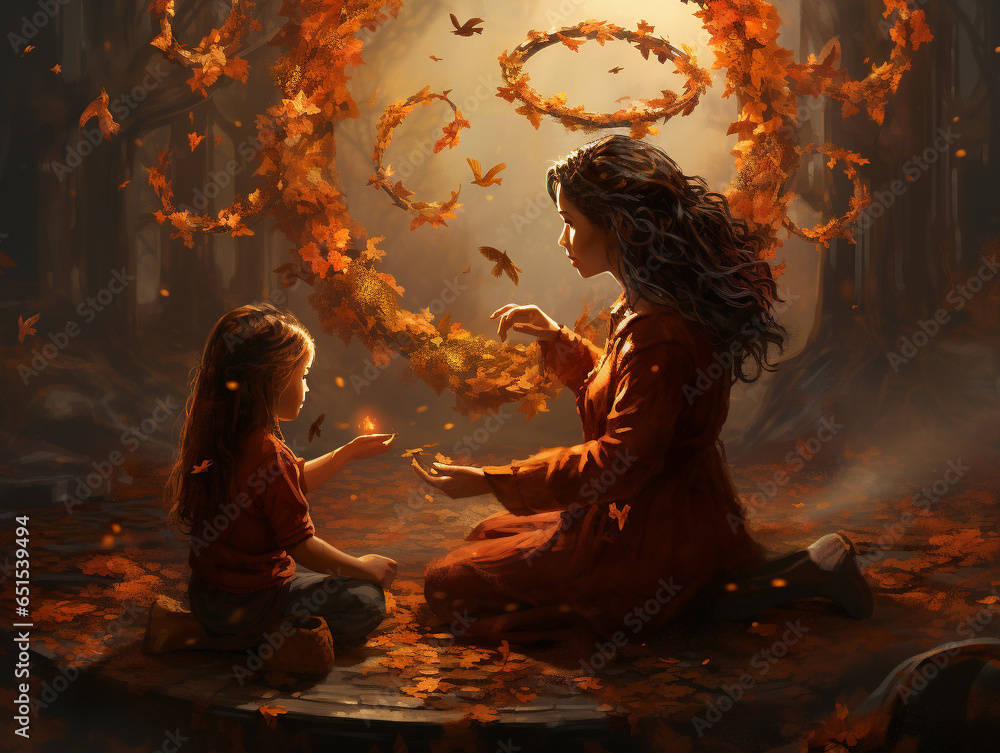 A Surreal Illustration of a Mother Teaching Her Kid to Make Homemade Autumn Wreaths