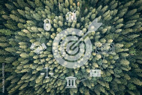 Net Zero emissions concept.Net Zero Emissions Goals With a connected icon on green circles background. photo