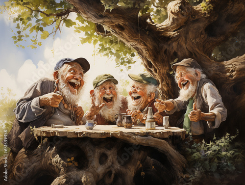 A Surreal Illustration of a Group of Elderly Friends Reminiscing and Laughing Under an Old Oak Tree