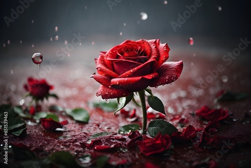 Red rose closeup with water drops. Generative AI.