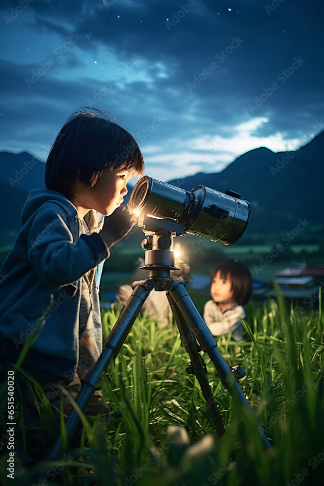 Long exposure shot of children gazing at Milky Way amidst paddy fields and mountains