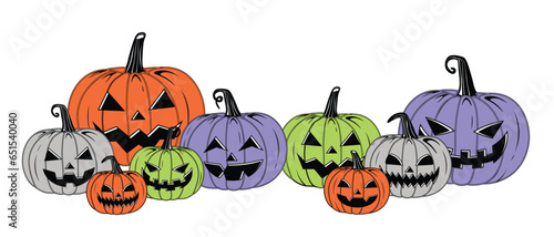 Vector Colorful Halloween Pumpkins Set Isolated on White Background. Vintage Style Scary Halloween pumpkins Collection illustrations with creepy face expressions. Happy Halloween Trick or Treat