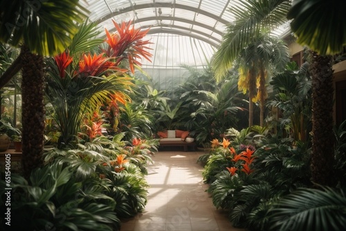 Flower garden in a greenhouse with sunbeams and shadows.