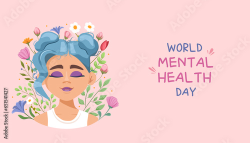 World Mental Health Day. Mentally healthy girl with closed eyes with flowers vector poster, banner, flyer, postcard