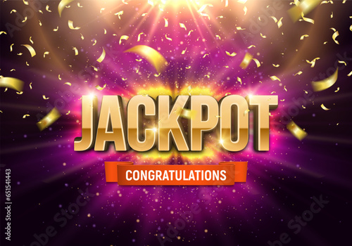 Shining sign Jackpot with falling gold confetti on a bright background. Vector illustration.