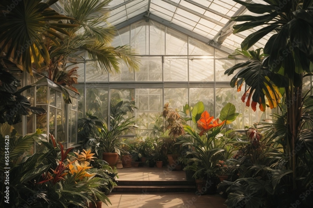 Flower garden in a greenhouse with sunbeams and shadows. Flower garden in a greenhouse with sunbeams and shadows.