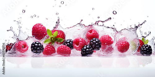 A dynamic and colorful still life of mixed berries in a splash of water.