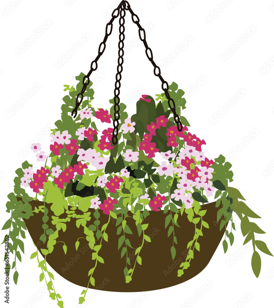 flowers in a basket, vector hanging basket
