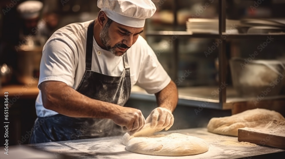 Baker are kneading dough and baking bread in a kitchen at bakery restaurant.