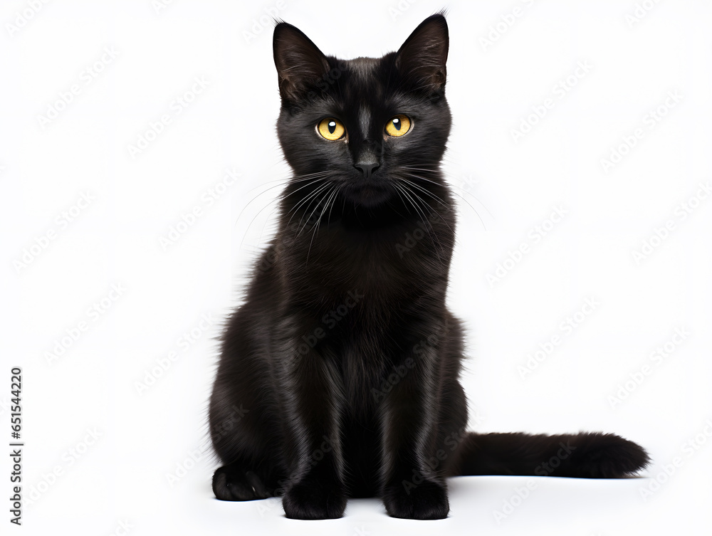 Black cat sitting and looking at the camera isolated on white background