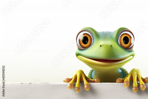 3d rendered illustration of a green frog with a blank sign board