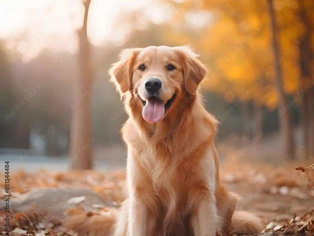 Golden Retriever dog sitting in autumn forest