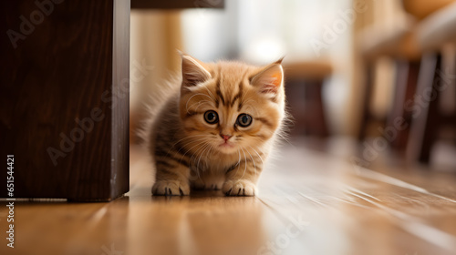 portrait of a small kitten sitting on the floor of the house alone