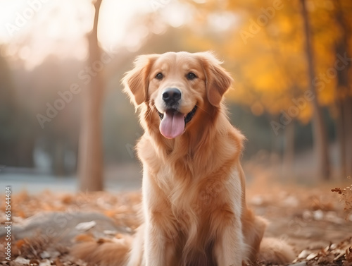 Golden Retriever dog sitting in autumn forest