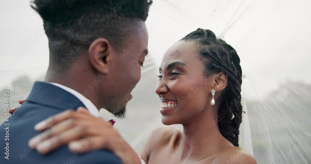 Outdoor, kiss and black couple with marriage, wedding and hug with happiness, romance and celebration. African man, happy woman and embrace outside, love and bride with groom, romantic and commitment Outdoor, kiss and black couple with marriage, wedding and hug with happiness, romance and celebration. African man, happy woman and embrace outside, love and bride with groom, romantic and commitment