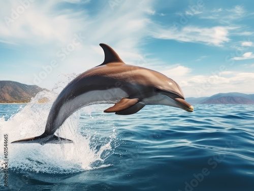 Beautiful dolphin jumping out of sea with clear blue water on sunny day