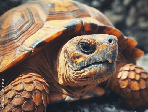Close up head and face of turtle in forest river