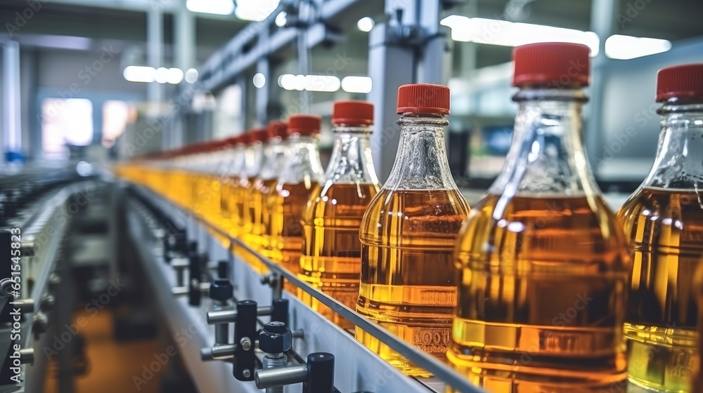 Juice in glass bottles on conveyor belt at beverage plant, Industrial manufacturing production line. Juice in glass bottles on conveyor belt at beverage plant, Industrial manufacturing production line.