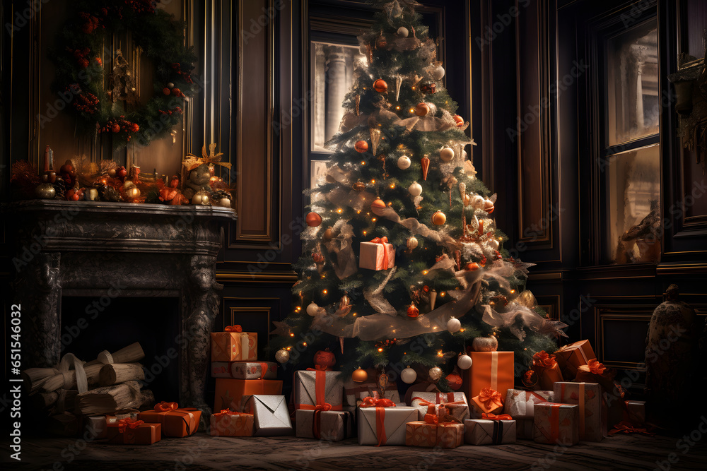 Room of Festivity: Christmas Tree and the Gift-Giving Tradition. Big Christmas tree decorated in a room and gifts under it. Symbolizing the tradition and festive spirit of Christmas gifting.
