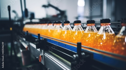 Fruit juice beverage product at conveyor belt on drink factory automatic production working line.